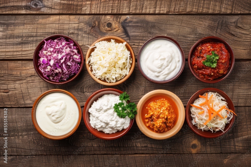Top view of a variety of fresh, colorful dips and spreads in bowls on a rustic wooden table. Perfect for food and culinary themes. Top view of a variety of fresh, colorful dips and spreads in bowls on a rustic wooden table. Perfect for food and culinary themes.