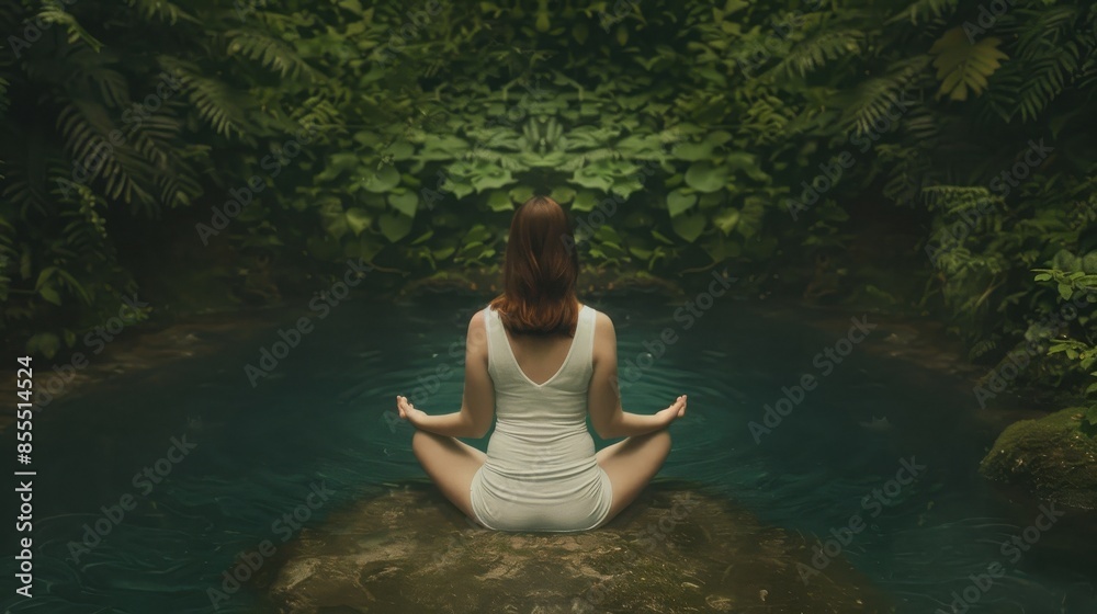 Fototapeta premium Woman meditating by a serene, natural pool in the forest, surrounded by lush greenery. Peaceful and tranquil scene promoting mindfulness.