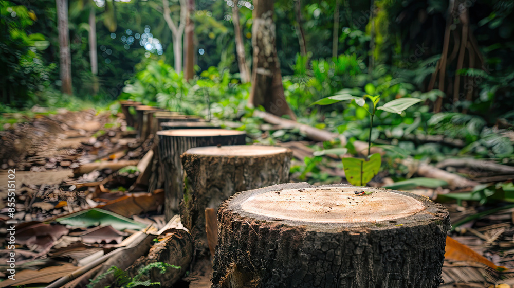 Row of stumps in a forest, deforestation concept Row of stumps in a forest, deforestation concept