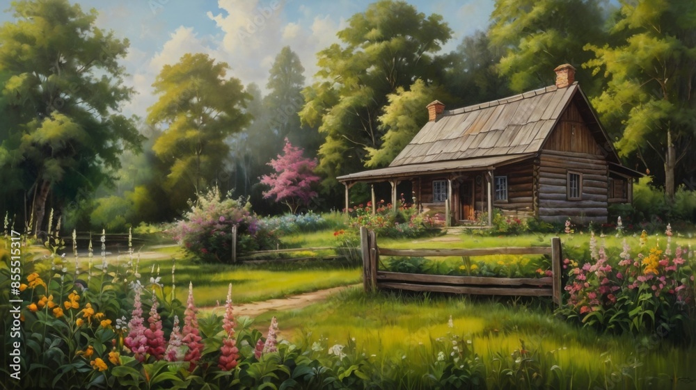 An oil painting on canvas depicting a serene summer landscape with an old wooden house An oil painting on canvas depicting a serene summer landscape with an old wooden house