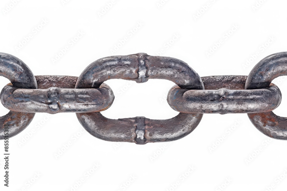 Obraz premium A close-up image of a sturdy, weathered metal chain link against a white background. This image symbolizes strength and connection.