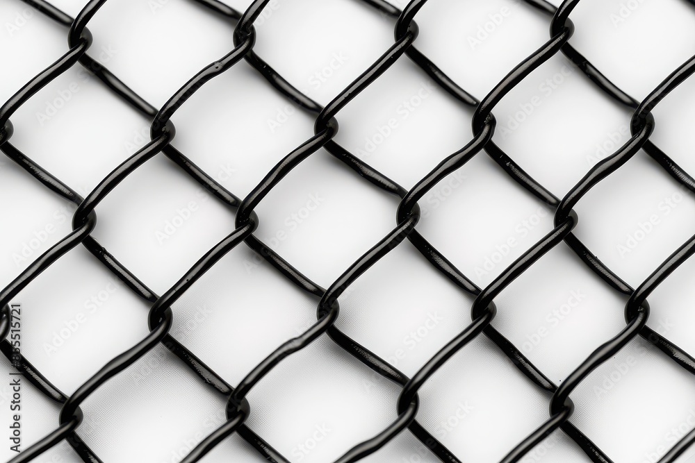 Naklejka premium Close-up of a black chain-link fence with a white background, showcasing texture and pattern in a minimalist style.