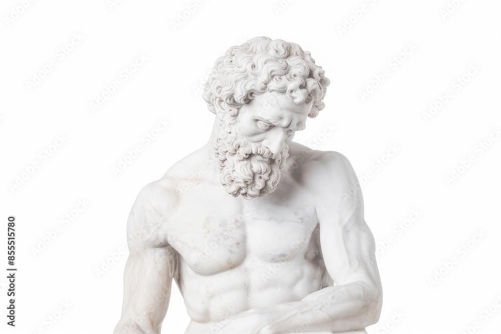 Close-up of an ancient marble statue depicting a bearded man with muscular physique against a white background, highlighting classical art details.