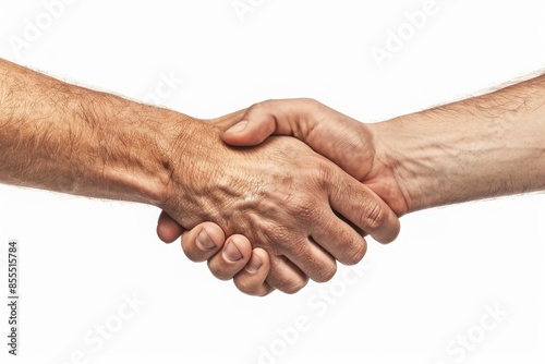 Close-up of two hands in a firm handshake, symbolizing agreement, partnership, and mutual respect on a white background.