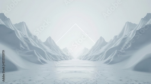 Futuristic winter landscape with symmetrical mountains and a glowing geometric shape. Serene snowy scenery with minimalist design and soft lighting. photo