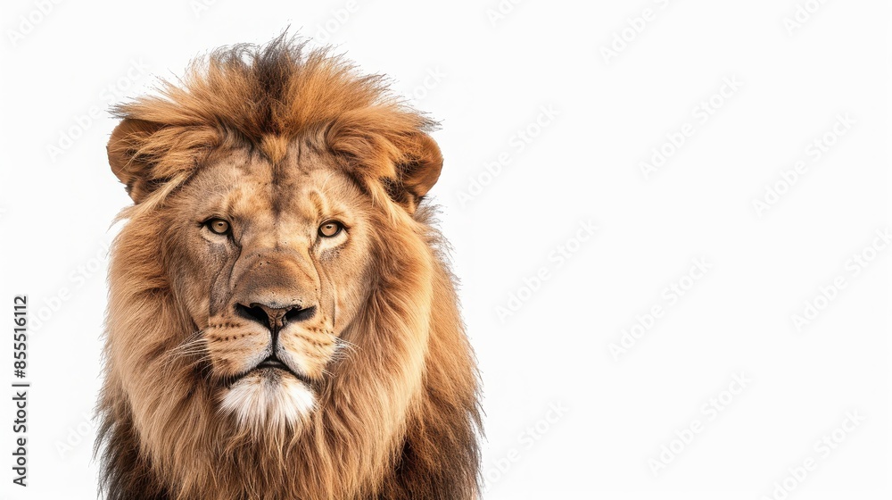 Majestic lion with a regal mane looking directly at the camera against a clean white background, symbolizing strength and power. Majestic lion with a regal mane looking directly at the camera against a clean white background, symbolizing strength and power.