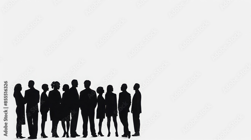 Silhouette of a group of people standing together against a white background, showcasing unity and teamwork. Silhouette of a group of people standing together against a white background, showcasing unity and teamwork.