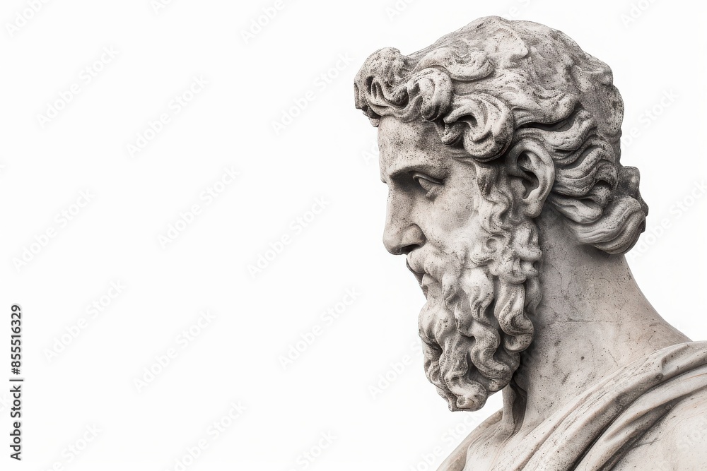 Side profile of an ancient Roman or Greek marble statue against a plain white background, showcasing intricate facial details and curly beard. Side profile of an ancient Roman or Greek marble statue against a plain white background, showcasing intricate facial details and curly beard.
