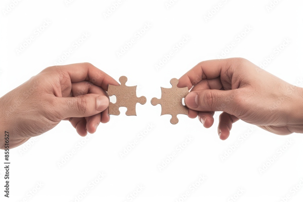 Two hands holding and connecting two puzzle pieces, symbolizing teamwork, cooperation, and fitting solutions on a white background. Two hands holding and connecting two puzzle pieces, symbolizing teamwork, cooperation, and fitting solutions on a white background.