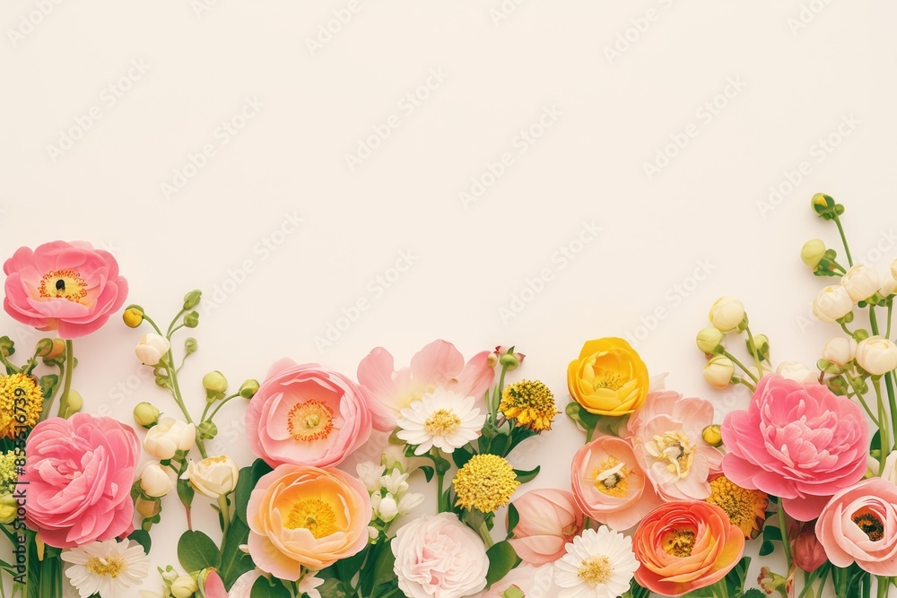 Blank paper mock up with a bouquet of flowers arranged along the top edge, creating a fresh and vibrant scene with plenty of copy space.