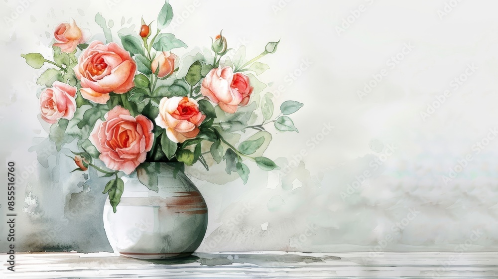 Romantic watercolor illustration of a rose bouquet in a stylish vase, showcasing a lovely complementary color palette Romantic watercolor illustration of a rose bouquet in a stylish vase, showcasing a lovely complementary color palette
