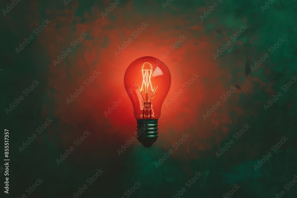 A glowing red light bulb against a dark green textured background, symbolizing creativity and innovative ideas in a conceptual setting.