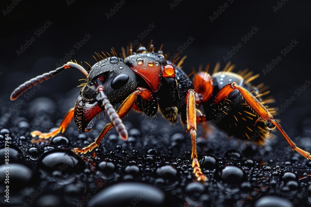 Fototapeta premium A Detailed Macro Shot of a Red Ant with Water Droplets