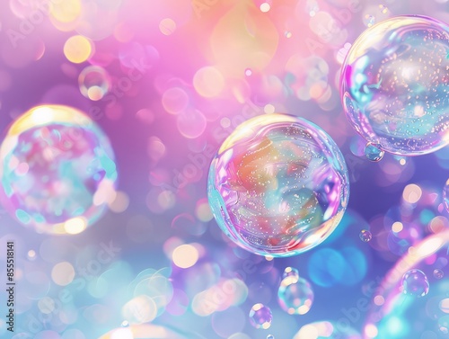 Shiny soap bubbles and colorful bokeh in a bubbly background