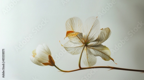 delicate white flower with yellow accents on a thin branch against a soft background