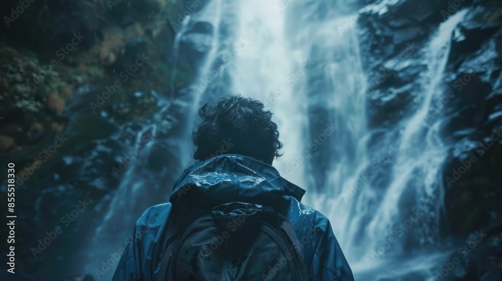 Obraz premium An adventurous traveler explores the hidden wonders of a remote waterfall, their spirit of adventure reflected in their gaze as they marvel at the breathtaking sight, with the cascading water and
