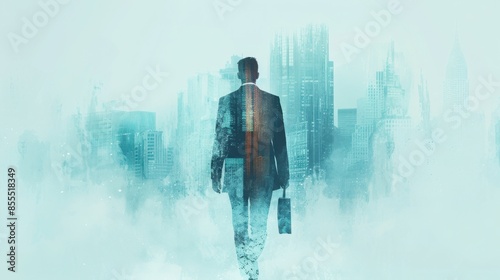 Silhouette of a businessman with a briefcase walking towards a modern cityscape, symbolizing ambition, progress, and corporate success. photo