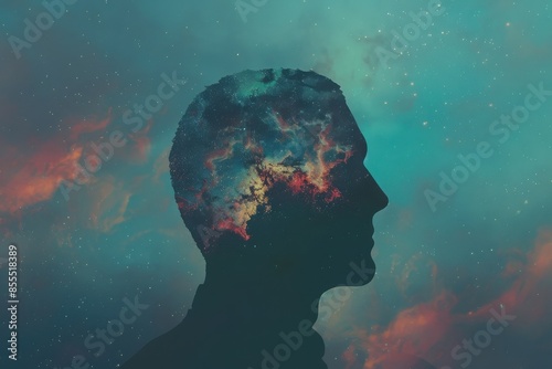 Silhouette of a man's head with a galaxy inside, representing the universe within the human mind and imagination.