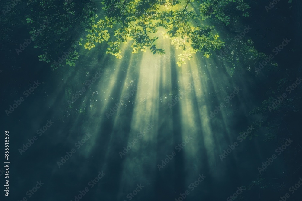 Obraz premium Sunlight streams through the canopy of a dense forest, casting serene rays of light in a tranquil, green woodland setting.