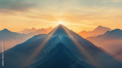 Stunning sunrise over a mountain range with vibrant colors and dramatic light rays creating a breathtaking and serene landscape. #855518534