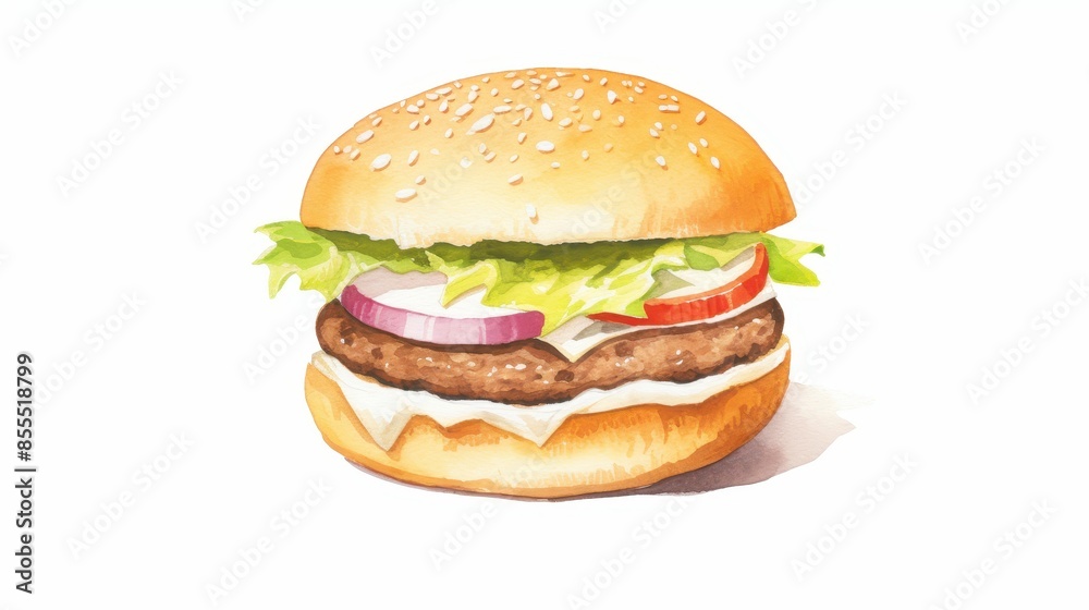 Illustration of a delicious burger with lettuce, tomato, onion, and beef patty in a sesame seed bun, isolated on a white background. Illustration of a delicious burger with lettuce, tomato, onion, and beef patty in a sesame seed bun, isolated on a white background.