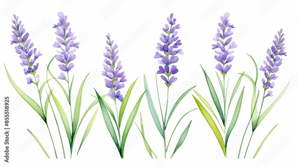 Naklejka premium Watercolor illustration of lavender flowers in bloom with green stems and leaves isolated on white background.
