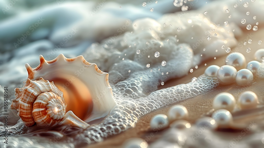 3. Generate an elegant image of ocean waves carrying luminous mother-of-pearl pearls and a beautiful shell, perfect for creating a sophisticated desktop wallpaper or artistic background 3. Generate an elegant image of ocean waves carrying luminous mother-of-pearl pearls and a beautiful shell, perfect for creating a sophisticated desktop wallpaper or artistic background