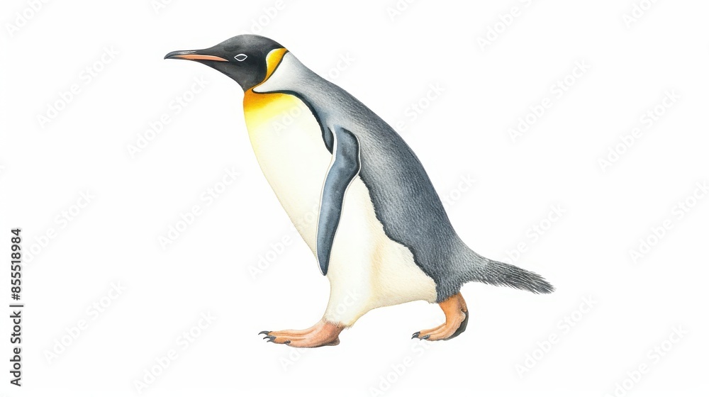 Obraz premium A detailed illustration of a standing emperor penguin against a white background, showcasing its distinct black, white, and yellow plumage.