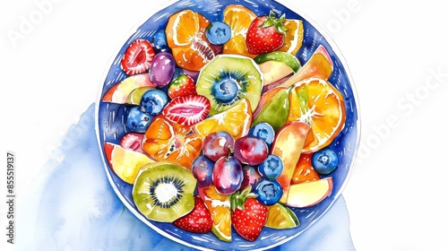 Top view watercolor of a bowl of fresh fruit salad, vibrant and detailed, utilizing a split-complementary color scheme, emphasizing contrast and harmony © Alpha