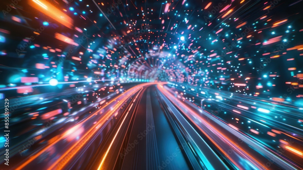 Dynamic high-speed data network with slick, glossy, and glowing lines of light.