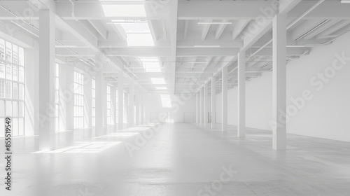 Spacious white warehouse with a minimalistic design and an empty, open floor plan, set against a pure white background.