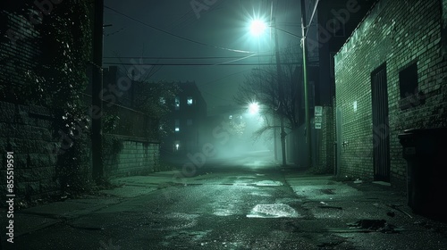 Vintage grungy street, dim lighting, shrouded in darkness, limited visibility, and an unsettling silence, nighttime