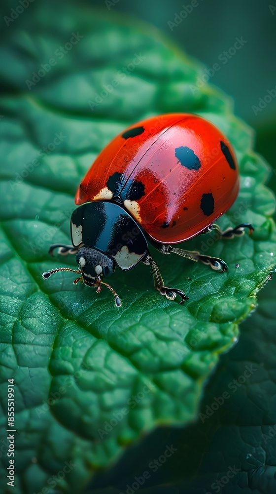 Fototapeta premium Detailed Close up of a Vibrant Ladybug on a Green Leaf in Nature