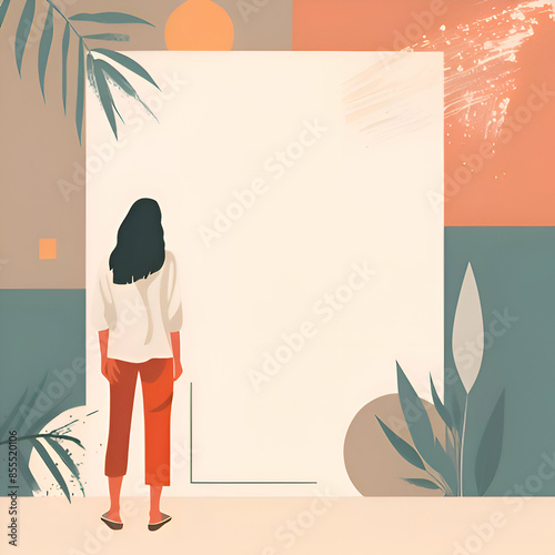 Woman looking at blank artwork