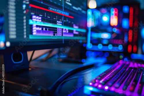 Close up of video editing time line and computer monitor as video editor works