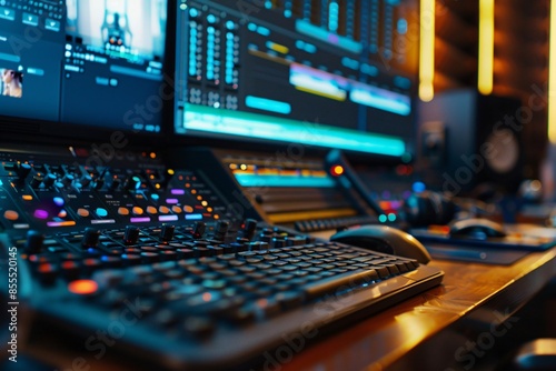 Close up of video editing time line and computer monitor as video editor works