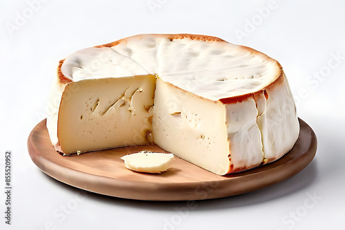 Whole wheel of briecheese placed centrally on a subtle beige to cream gradient background. photo