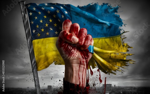 Symbolic Representation of Conflict and Unity: Bloodied Hand Holding Combined American and Ukrainian Flag