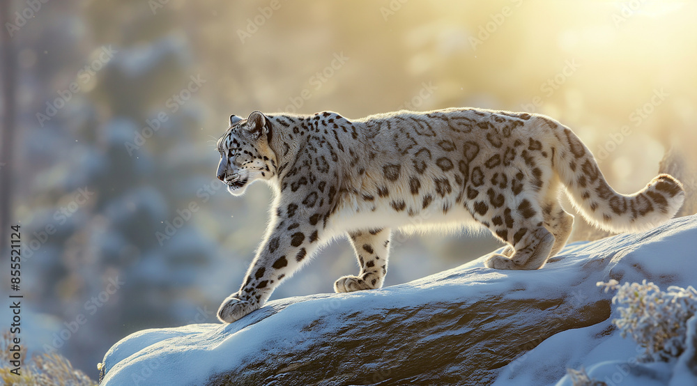 Fototapeta premium a snow leopard walking on a rock in a snowy field, in the style of sunrays shine upon it,Generative AI