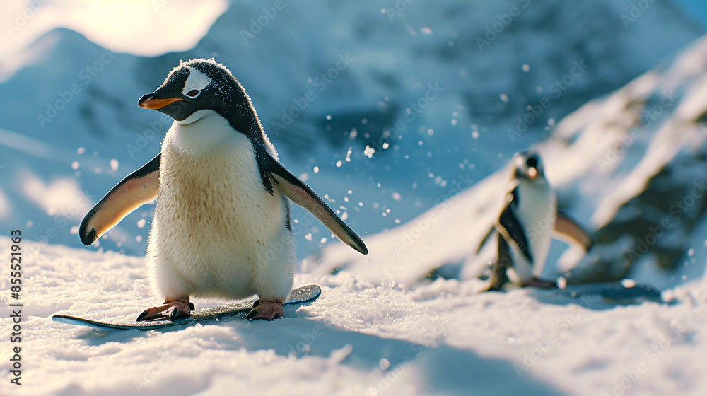 Obraz premium Image of penguin snowboarding.