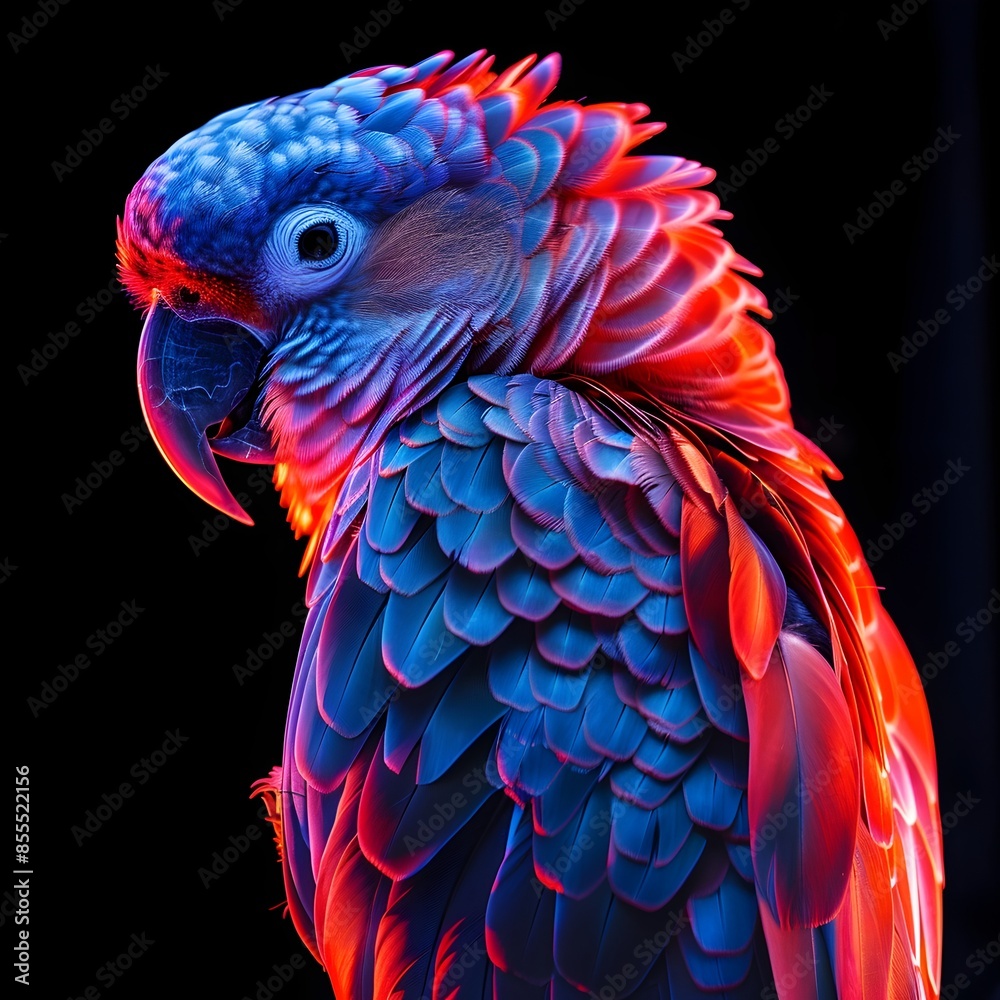 Obraz premium Radiant Neon Parrot Perched on Isolated Black Background with Vibrant Blue and Red Lighting
