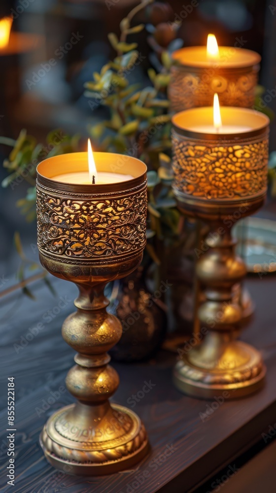 Gilded Islamic candle holders with intricate detailing, creating a warm and inviting ambiance. Gilded Islamic candle holders with intricate detailing, creating a warm and inviting ambiance.