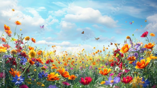 "Vast Meadow Abundant with Wildflowers Under a Clear Blue Sky: Idyllic Natural Beauty" © FU