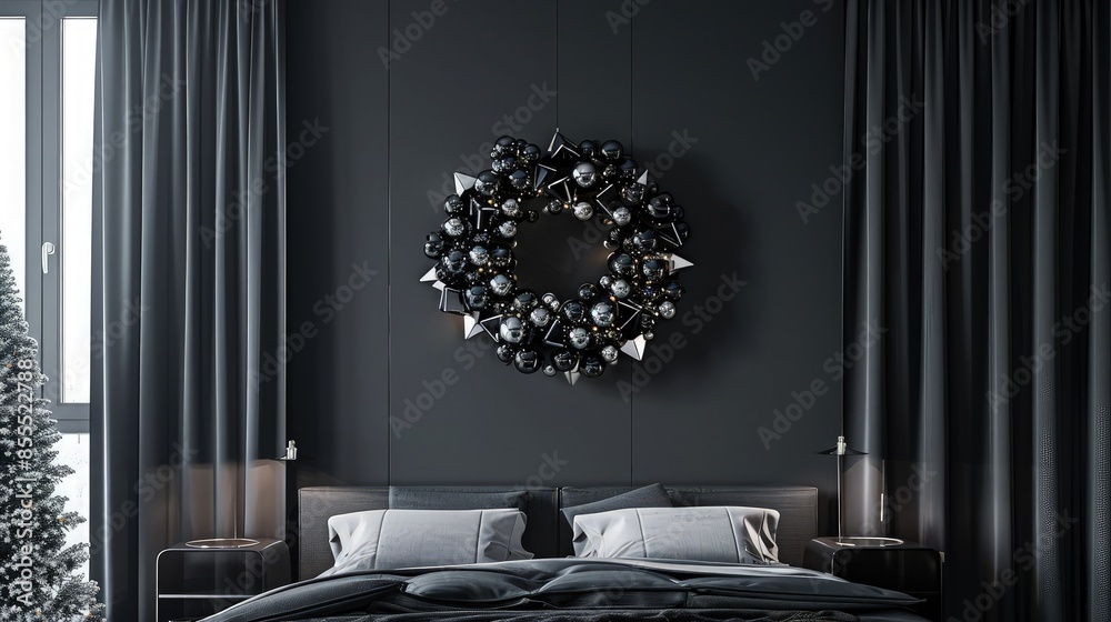 A modern Christmas bedroom with sleek black curtains and a chic round wreath composed of black and silver geometric ornaments against a charcoal wall, offering a contemporary vibe. A modern Christmas bedroom with sleek black curtains and a chic round wreath composed of black and silver geometric ornaments against a charcoal wall, offering a contemporary vibe.