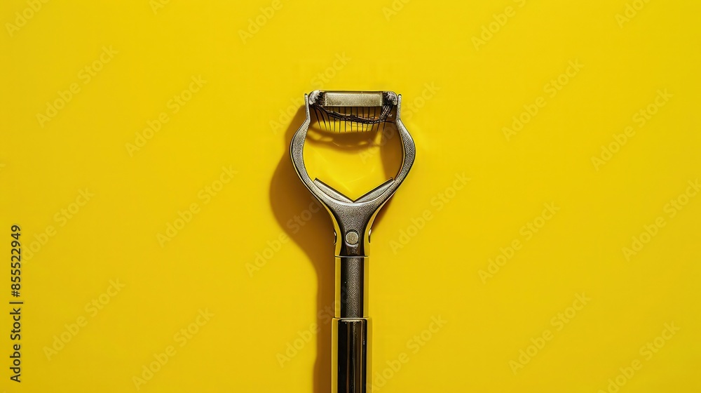 A modern lash curler against a vivid yellow background, providing a cheerful and energetic display that captures attention and emphasizes the tool's sleek design. A modern lash curler against a vivid yellow background, providing a cheerful and energetic display that captures attention and emphasizes the tool's sleek design.