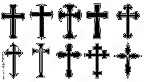 set crossed sign symbol. Religious Christian icon vintage monochrome design vector illustration