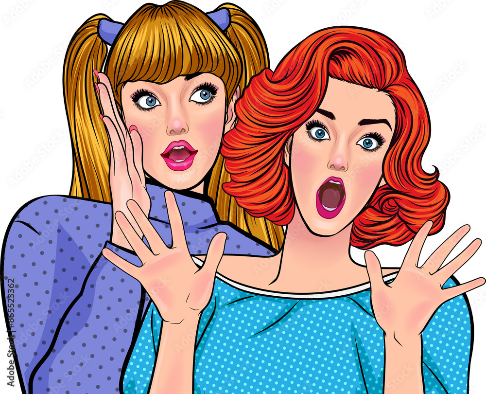 Woman whispering gossip or secret to her friend pop art comics style Woman whispering gossip or secret to her friend pop art comics style
