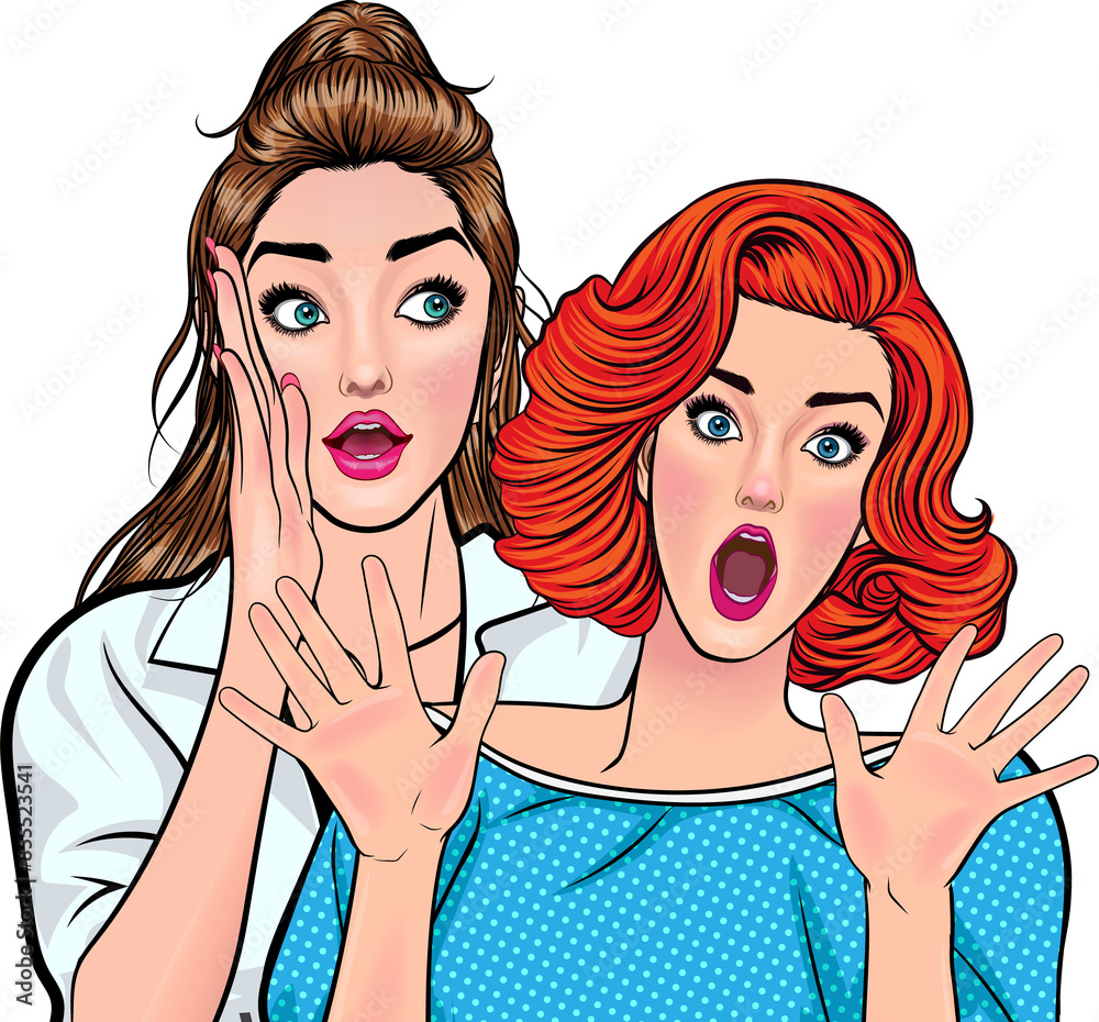 Woman whispering gossip or secret to her friend pop art comics style Woman whispering gossip or secret to her friend pop art comics style