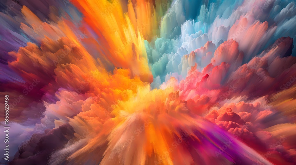 4. Illustrate a breathtaking scene of a colorful explosion frozen in time, highlighting the vivid and intricate patterns of color against a serene white backdrop, ideal for digital art and visual 4. Illustrate a breathtaking scene of a colorful explosion frozen in time, highlighting the vivid and intricate patterns of color against a serene white backdrop, ideal for digital art and visual