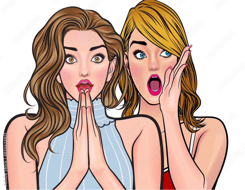 Woman whispering gossip or secret to her friend pop art comics style Woman whispering gossip or secret to her friend pop art comics style